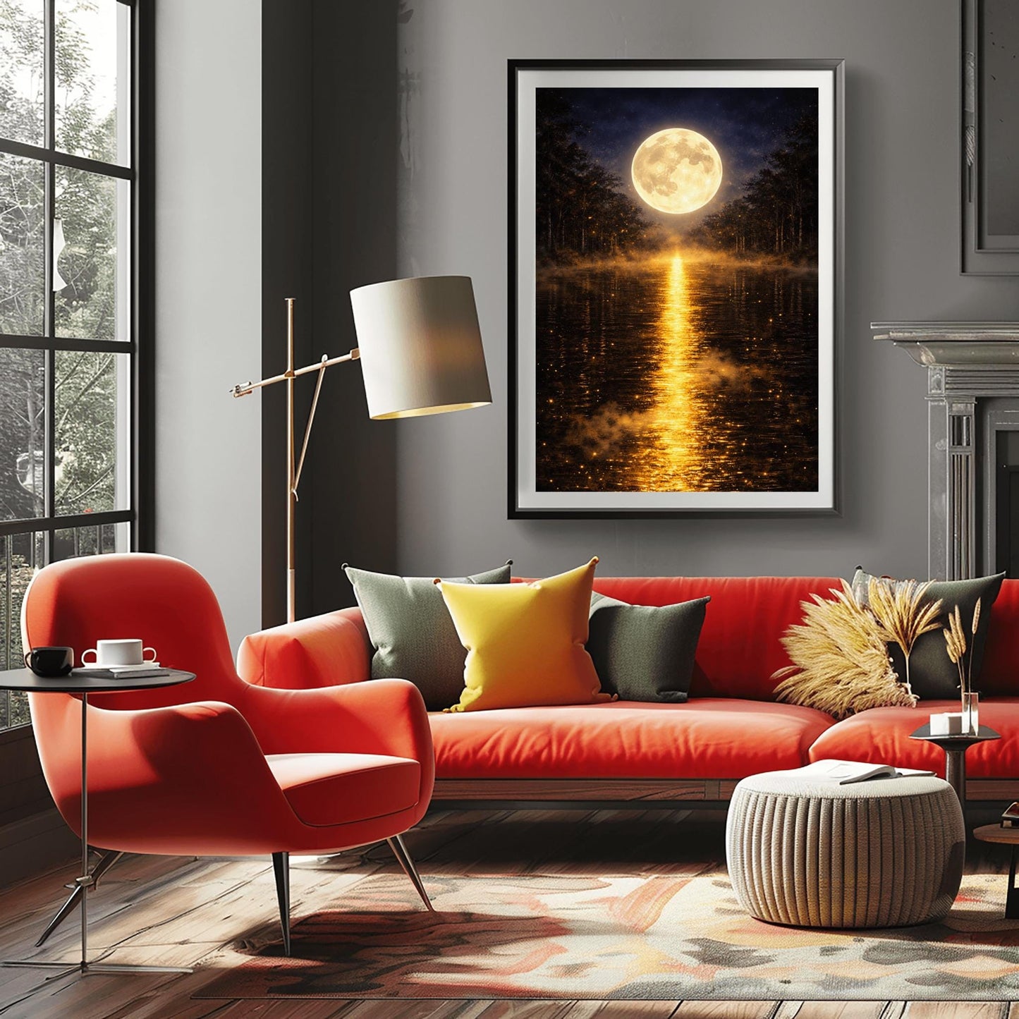A vertical Art Nouveau-style illustration of a calm lake at night. A large, radiant golden moon is centered in the sky, reflecting a long, shimmering path of golden light vertically down the water. The shoreline is silhouetted by dark trees and a golden mist filled with fireflies.