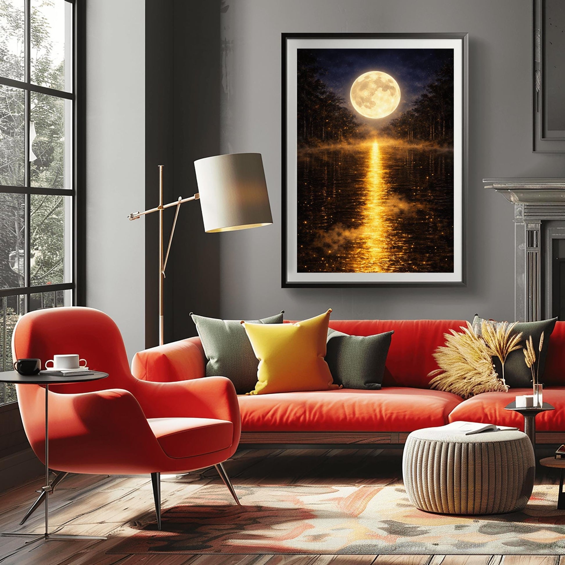 A vertical Art Nouveau-style illustration of a calm lake at night. A large, radiant golden moon is centered in the sky, reflecting a long, shimmering path of golden light vertically down the water. The shoreline is silhouetted by dark trees and a golden mist filled with fireflies.