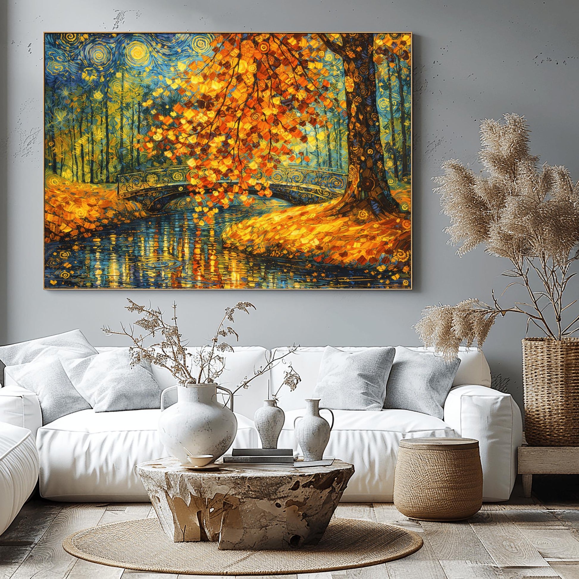 A horizontal landscape art print in the style of Gustav Klimt. A large tree with shimmering golden and orange mosaic-style leaves hangs over a dark blue pond. An ornate black bridge with golden spiral patterns crosses the water in the background. The sky is filled with stylized yellow swirls and stars. The ground is covered in golden leaves, and the entire scene is rich with decorative textures and vibrant metallic tones.