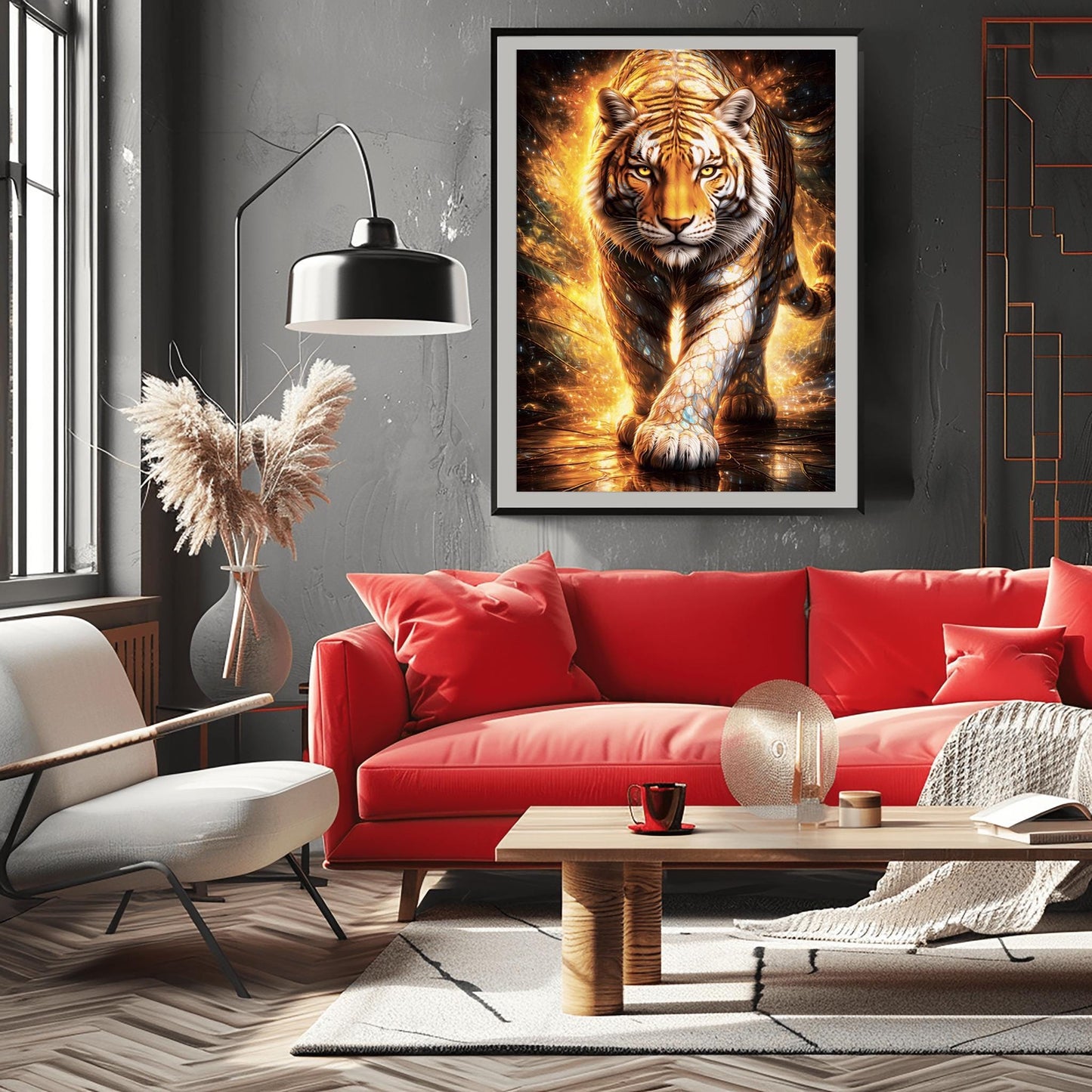 A vertical full-bleed illustration of a tiger in the style of Gustav Klimt. The tiger is prowling forward toward the viewer, its body covered in golden mosaic patterns and glowing orange light. The background is a swirl of amber sparks and gold-leaf textures.