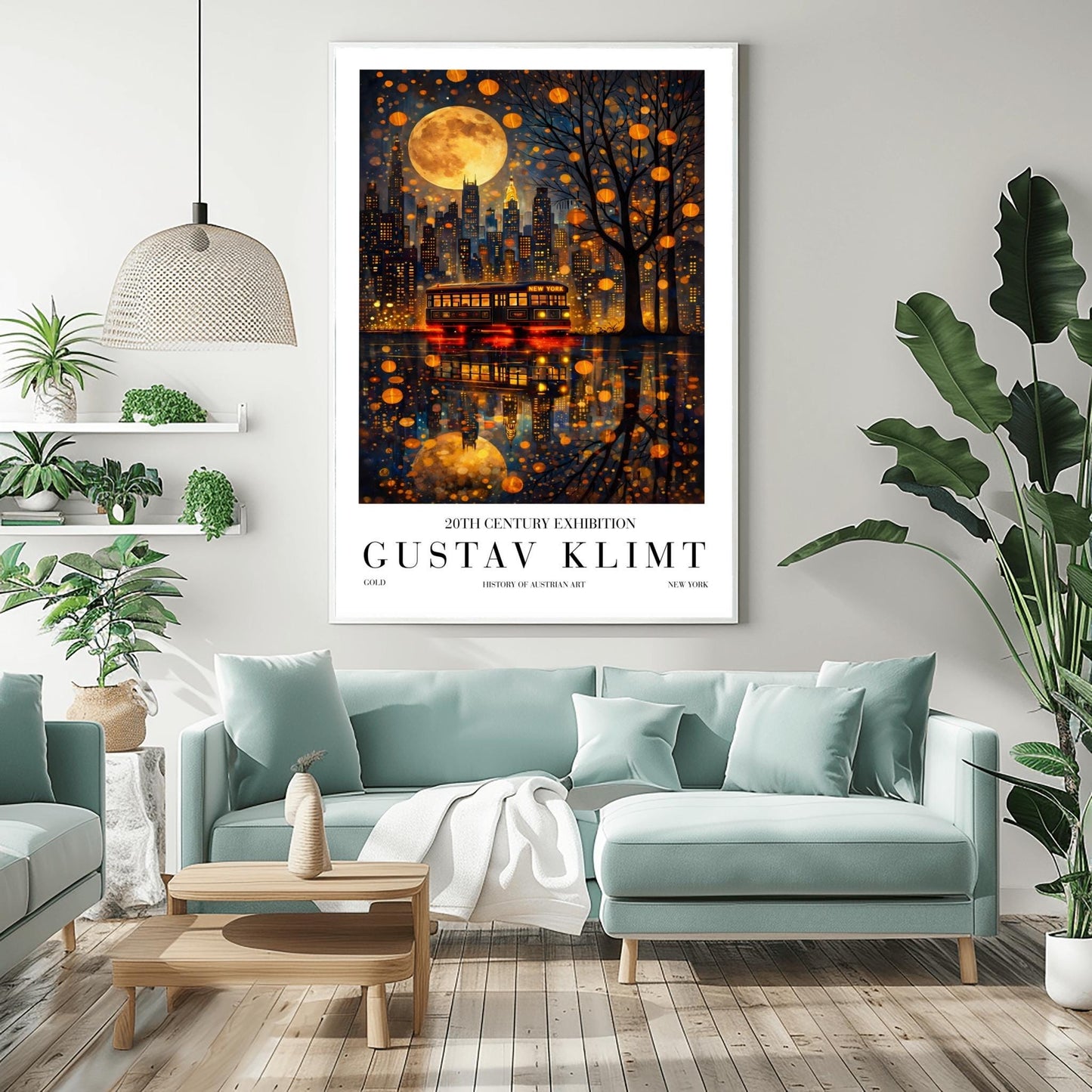 A vertical exhibition-style poster for a Gustav Klimt exhibit. The top half features the New York City skyline at night under a massive, patterned golden moon. A vintage trolley with "NEW YORK" on its sign sits on a wet street, reflecting the city lights and the moon in a shimmering gold mosaic pattern. A silhouetted tree on the right is filled with glowing golden lanterns. The bottom features bold text reading "GUSTAV KLIMT."