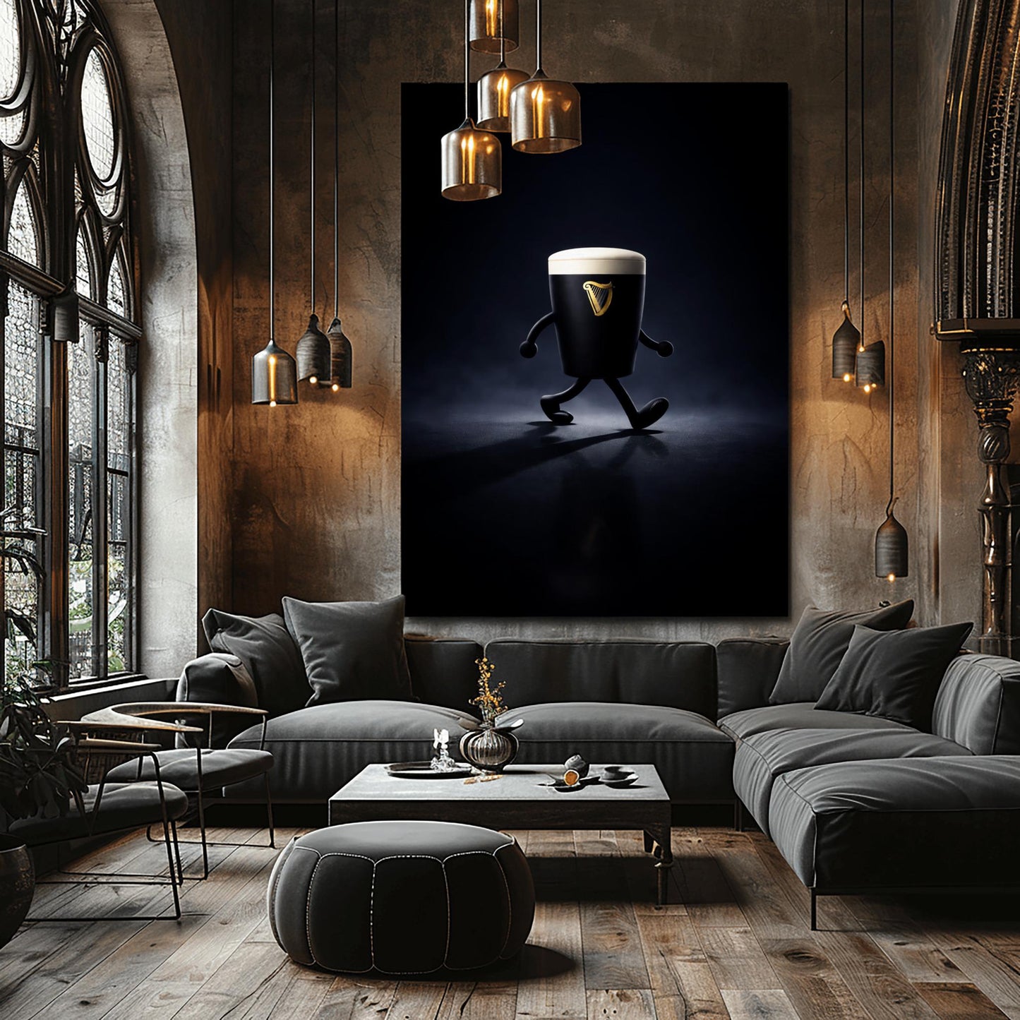 A vertical cinematic illustration of a 3D Guinness pint character with cartoon arms and legs, walking across a reflective dark floor. The background is a dark, moody void with a faint blue atmospheric glow. The pint features a crisp white foam head and a golden harp logo.