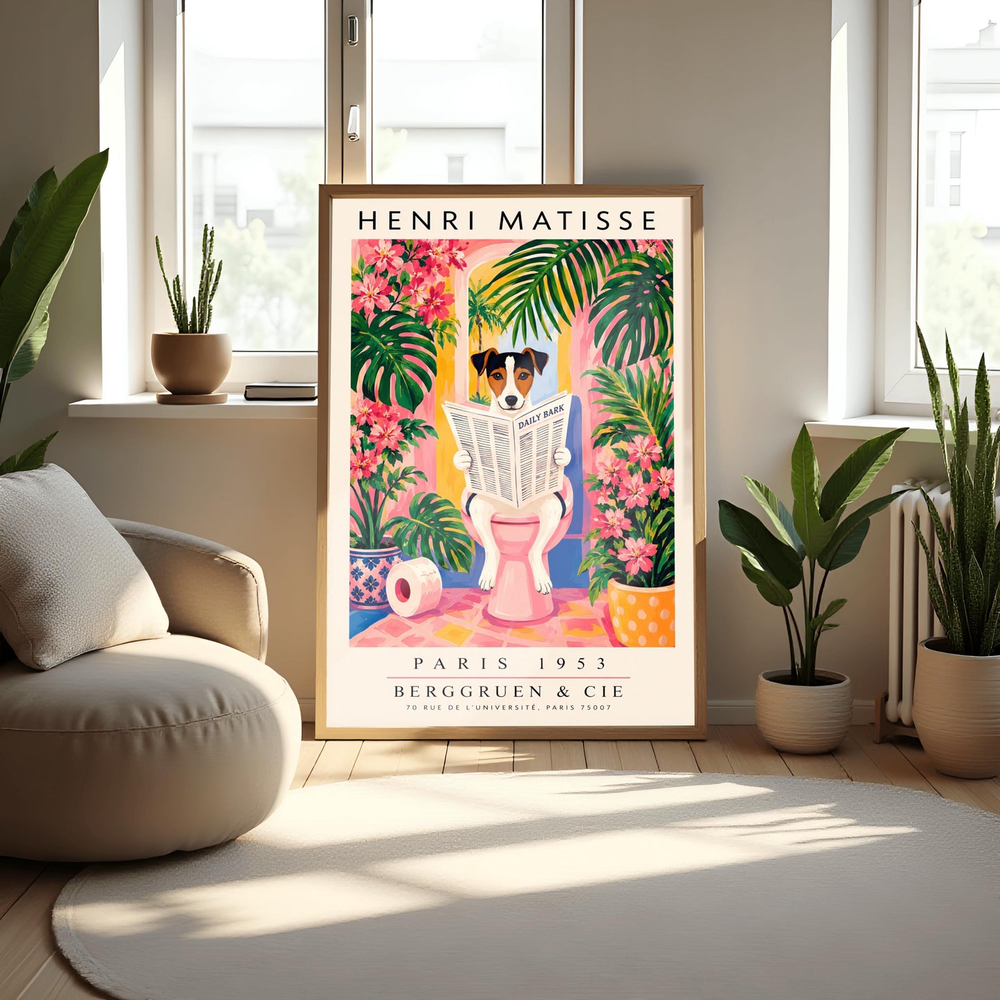 A vertical vintage-style art exhibition poster titled "HENRI MATISSE" at the top and "PARIS 1953 BERGGRUEN & CIE" at the bottom. The center illustration shows a tri-color Jack Russell Terrier dog sitting on a pink toilet inside a bright pink and yellow bathroom, reading a newspaper titled "DAILY BARK". The background features an open arch window with a tropical palm tree, large green leaves, bright pink flowers, and a roll of toilet paper on the floor.