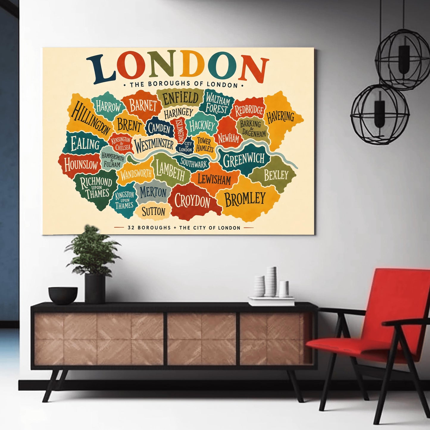 A horizontal vintage-style fine art exhibition poster mapping the boroughs of London. Set on a warm cream background with a wide border, the poster features a colorful, interlocking map of London's districts in shades of teal, orange, green, and yellow, with the River Thames running through the middle. A large, multicolored heading at the top reads "LONDON" and text at the bottom reads "32 BOROUGHS + THE CITY OF LONDON".