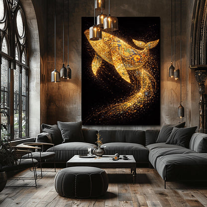 A vertical full-bleed illustration of a large whale in the style of Gustav Klimt. The whale is composed of gold mosaic patterns and spirals, swimming through a dark black ocean. Behind it, a long, curved trail of sparkling golden particles and embers flows through the water.