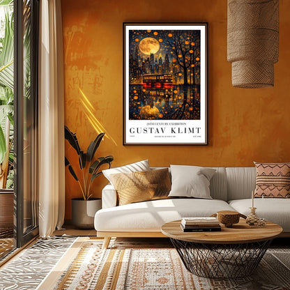 A vertical exhibition-style poster for a Gustav Klimt exhibit. The top half features the New York City skyline at night under a massive, patterned golden moon. A vintage trolley with "NEW YORK" on its sign sits on a wet street, reflecting the city lights and the moon in a shimmering gold mosaic pattern. A silhouetted tree on the right is filled with glowing golden lanterns. The bottom features bold text reading "GUSTAV KLIMT."