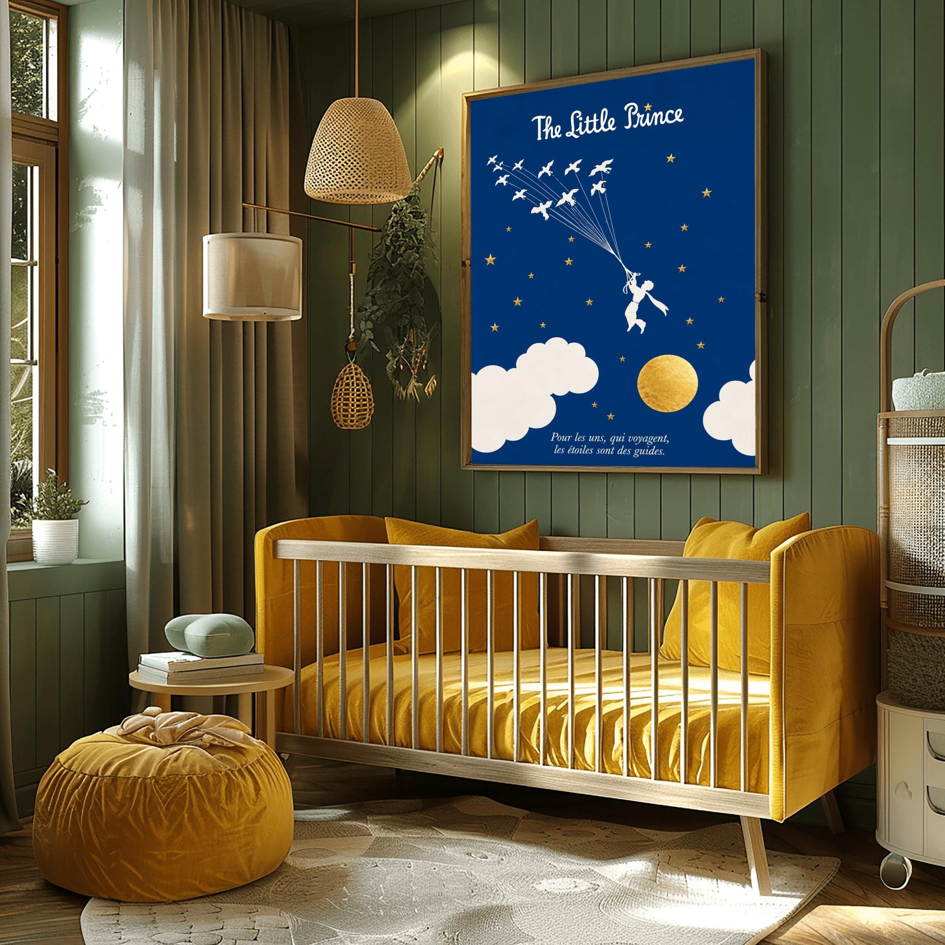 A vertical art print with a deep indigo blue background. A small white silhouette of a boy, the Little Prince, is being pulled upward by a flock of white birds on long strings. The sky is filled with small gold stars and large white clouds at the bottom, next to a textured gold moon. The title "The Little Prince" is at the top in white script, and a French quote is at the bottom in white italics.