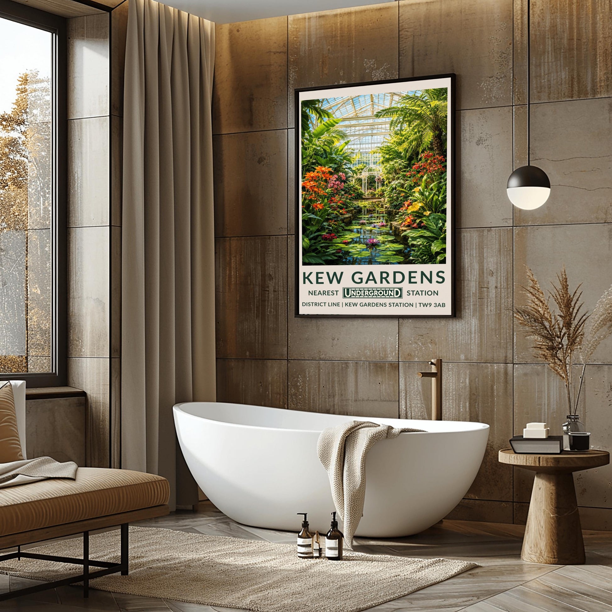 A vertical retro London Underground travel poster for Kew Gardens on a wide cream border. The top image shows a beautiful, detailed illustration of the inside of a large white Victorian glass conservatory. Sunlight shines through the glass roof onto a central water lily pond filled with blooming pink and purple flowers and lily pads. The water is surrounded by lush green palm trees, ferns, orange lilies, and a white metal gazebo in the background.