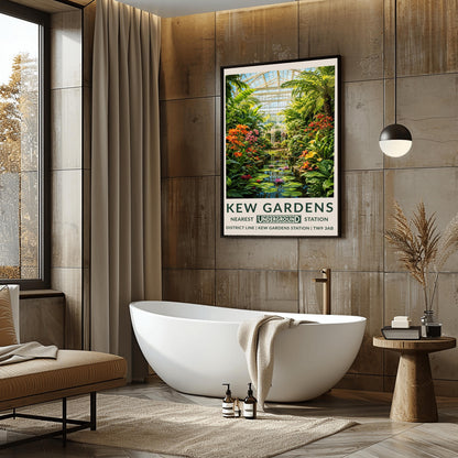 A vertical retro London Underground travel poster for Kew Gardens on a wide cream border. The top image shows a beautiful, detailed illustration of the inside of a large white Victorian glass conservatory. Sunlight shines through the glass roof onto a central water lily pond filled with blooming pink and purple flowers and lily pads. The water is surrounded by lush green palm trees, ferns, orange lilies, and a white metal gazebo in the background.