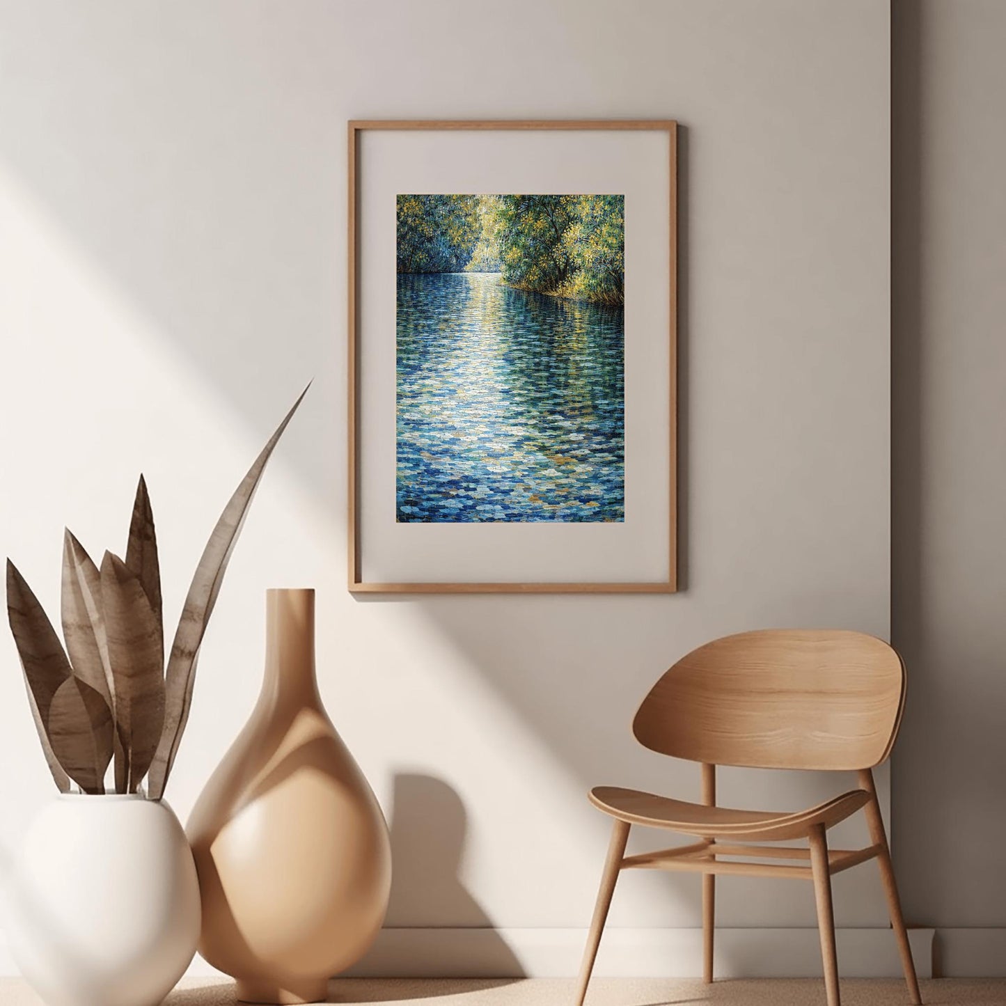A horizontal landscape art print in the style of Gustav Klimt. A wide river fills the foreground and center, rendered as a shimmering mosaic of deep blue, teal, and white tiles. Bright yellow sunlight reflects off the water at the top, creating a golden glow. The river is bordered on the right by a dense bank of trees with green and gold leaves, also shown in a mosaic or pointillist style.