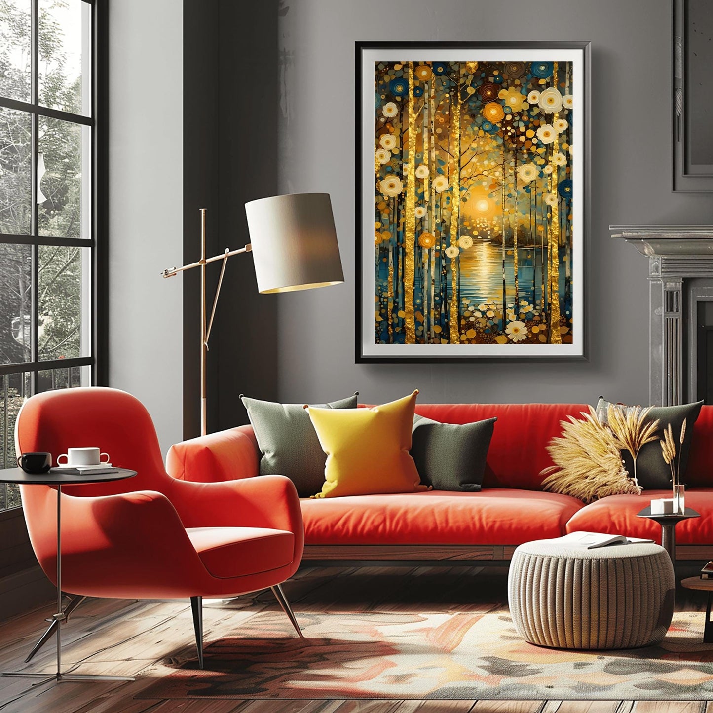 A vertical, highly detailed oil painting in the style of Gustav Klimt. A forest of slender birch trees with textured gold-leaf bark stands before a calm blue lake. A bright, glowing sun is centered in the background, reflecting a shimmering golden path on the water. The scene is filled with stylized, circular flowers in cream, gold, and deep blue. The overall style is rich in mosaic-like textures and opulent gold accents.
