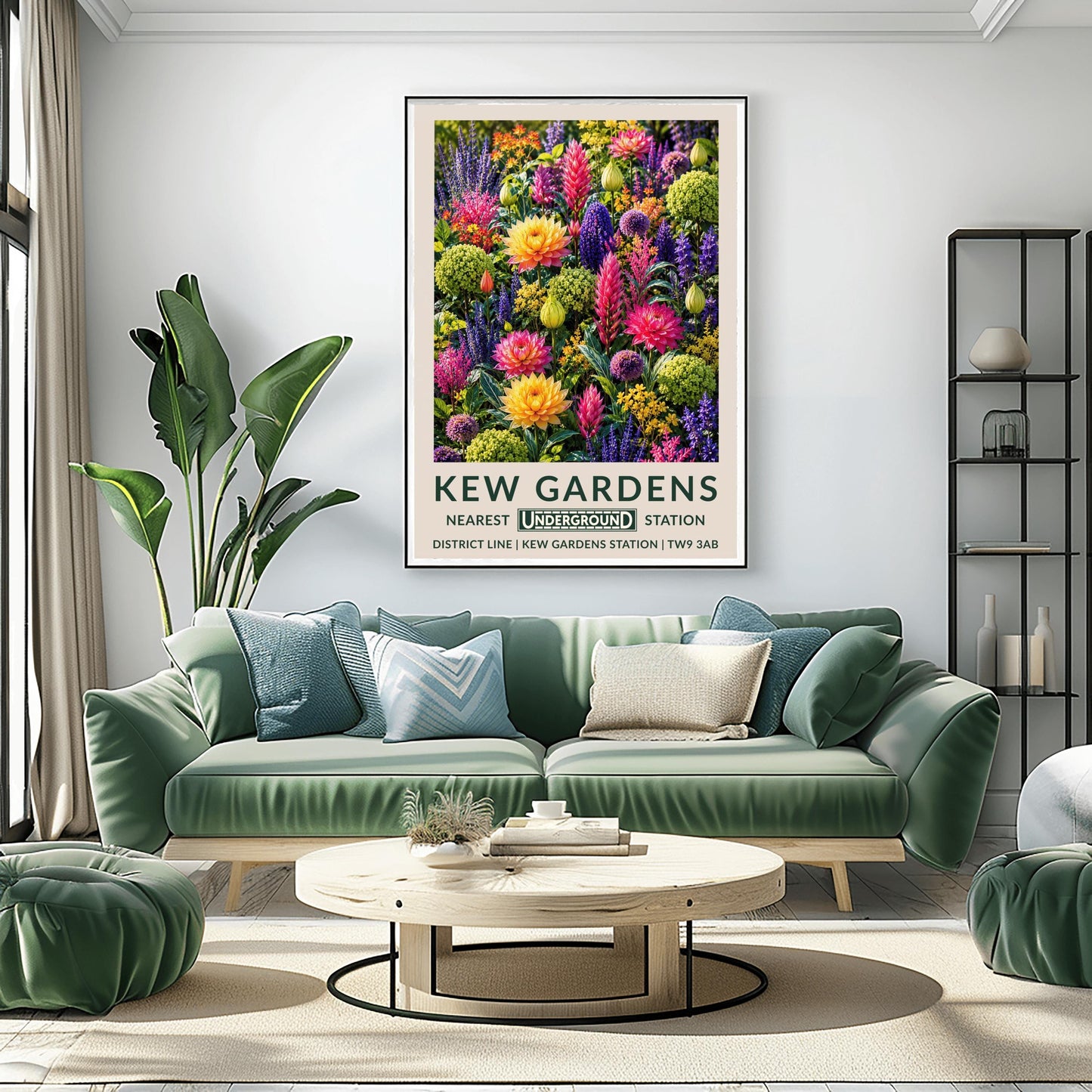 A vertical retro London Underground travel poster for Kew Gardens on a wide cream border. The top image shows a densely packed botanical illustration of a vibrant summer flower border featuring large orange-yellow and magenta dahlias, tall pink flower spikes, purple alliums, violet lupines, and chartreuse green clusters. The bottom cream border features the text "KEW GARDENS" in dark green, followed by "NEAREST UNDERGROUND STATION"