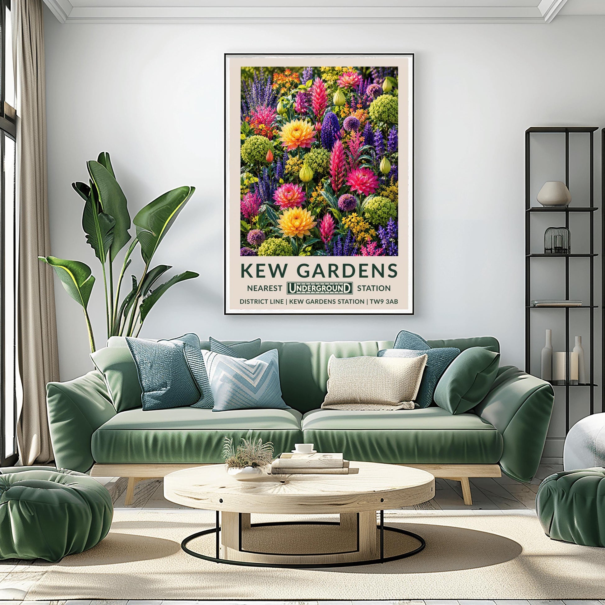 A vertical retro London Underground travel poster for Kew Gardens on a wide cream border. The top image shows a densely packed botanical illustration of a vibrant summer flower border featuring large orange-yellow and magenta dahlias, tall pink flower spikes, purple alliums, violet lupines, and chartreuse green clusters. The bottom cream border features the text "KEW GARDENS" in dark green, followed by "NEAREST UNDERGROUND STATION"