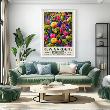A vertical retro London Underground travel poster for Kew Gardens on a wide cream border. The top image shows a densely packed botanical illustration of a vibrant summer flower border featuring large orange-yellow and magenta dahlias, tall pink flower spikes, purple alliums, violet lupines, and chartreuse green clusters. The bottom cream border features the text "KEW GARDENS" in dark green, followed by "NEAREST UNDERGROUND STATION"