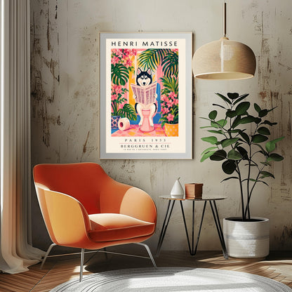 A vertical vintage-style art exhibition poster titled "HENRI MATISSE" at the top and "PARIS 1953 BERGGRUEN & CIE" at the bottom,. The center illustration shows a black-and-white Siberian Husky with blue eyes sitting on a pink toilet in a bright pink and yellow bathroom, reading a newspaper titled "DAILY BARK". The scene is framed by large green tropical leaves, bright pink flowers, a blue-and-white patterned planter, and a roll of toilet paper on the floor.