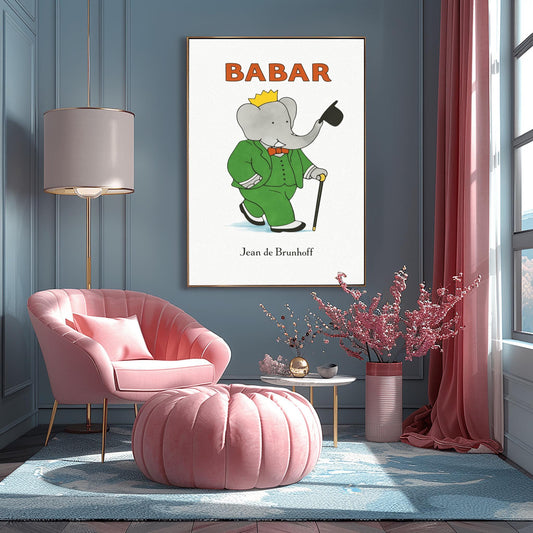 A vertical art print featuring a grey elephant, Babar, walking confidently. He is wearing a classic green suit, a white shirt, an orange bow tie, and a gold crown. He holds a black bowler hat in the air with the end of his trunk and carries a black walking cane with a gold handle. The background is a minimalist textured white with the name "Jean de Brunhoff" at the bottom.