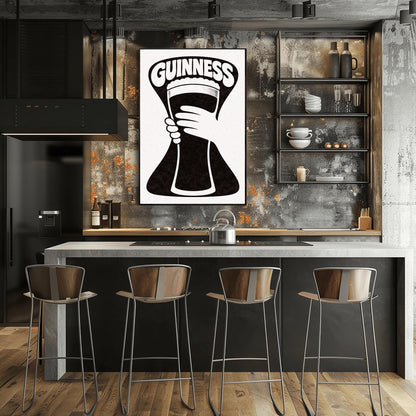 A vertical minimalist graphic in black and white. A large, black hourglass-shaped background features a white hand silhouette holding a pint glass made of negative space. The word "GUINNESS" is arched in bold white text at the top.