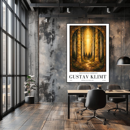 A vertical exhibition poster for Gustav Klimt. Two tall birch trees with golden mosaic bark frame a view of a dark forest path illuminated by a bright vertical beam of sunlight. The artwork has an ornate gold border and clean white margins with text at the bottom.
