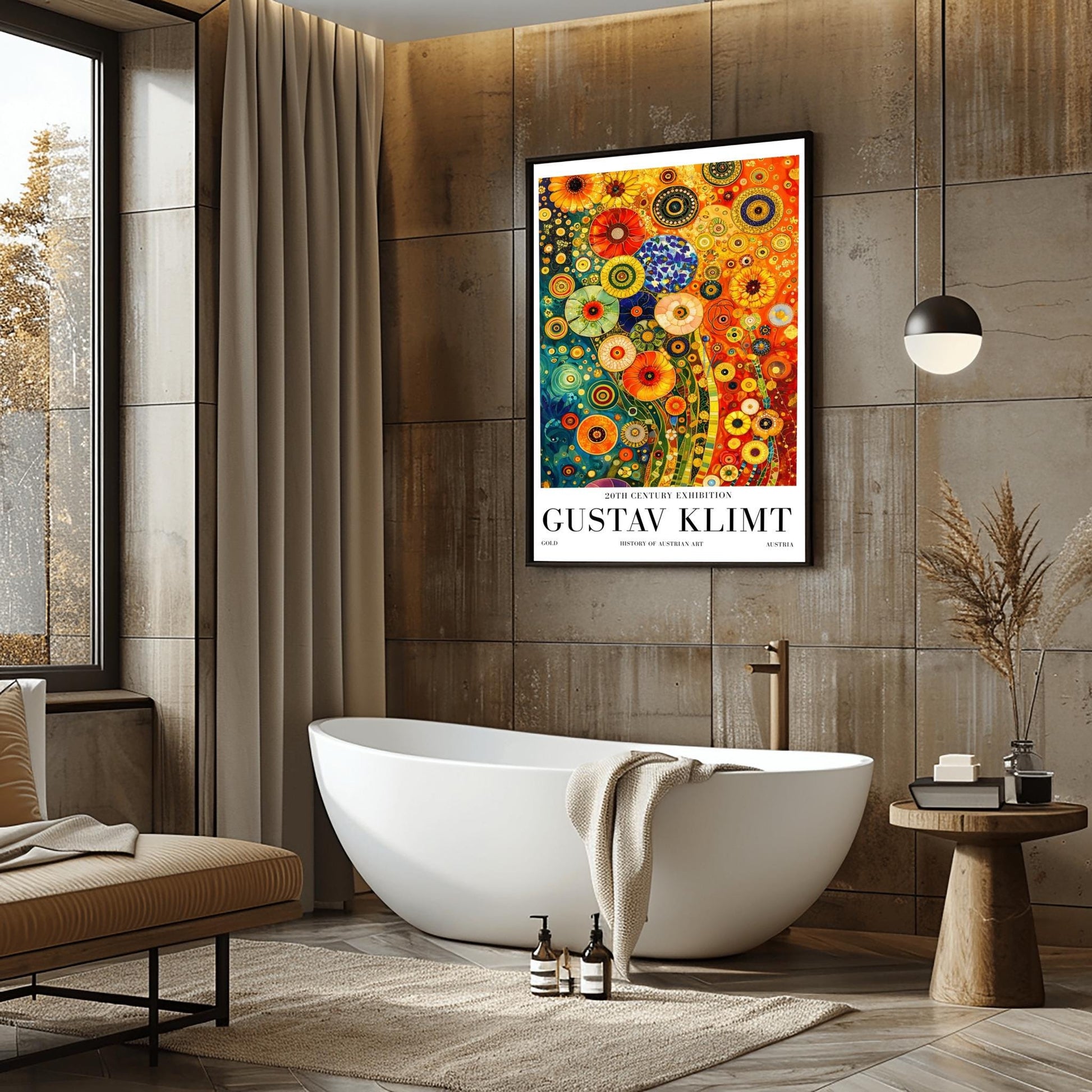 A vertical museum exhibition poster in the style of Gustav Klimt. The central image is a dense, colorful mosaic of stylized flowers in teal, orange, and red. The artwork is surrounded by a white border with bold black text that reads "GUSTAV KLIMT" and "20TH CENTURY EXHIBITION."