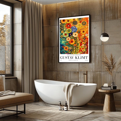 A vertical museum exhibition poster in the style of Gustav Klimt. The central image is a dense, colorful mosaic of stylized flowers in teal, orange, and red. The artwork is surrounded by a white border with bold black text that reads "GUSTAV KLIMT" and "20TH CENTURY EXHIBITION."