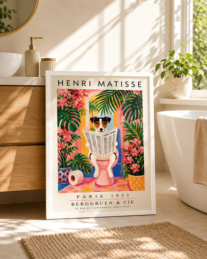 A vertical vintage-style art exhibition poster titled "HENRI MATISSE" at the top and "PARIS 1953 BERGGRUEN & CIE" at the bottom. The center illustration shows a tri-color Jack Russell Terrier dog sitting on a pink toilet inside a bright pink and yellow bathroom, reading a newspaper titled "DAILY BARK". The background features an open arch window with a tropical palm tree, large green leaves, bright pink flowers, and a roll of toilet paper on the floor.