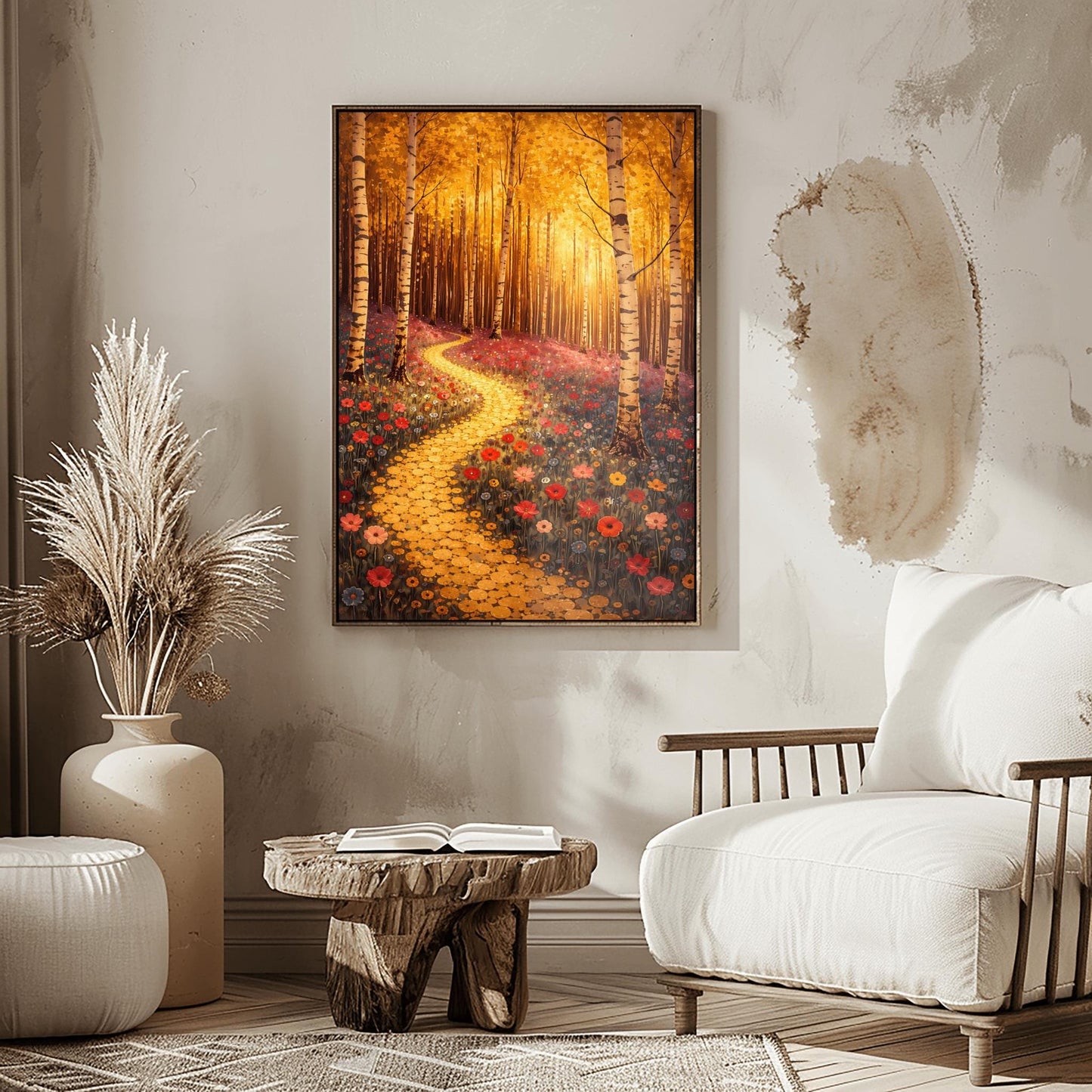 A vertical fine art landscape in the style of Gustav Klimt. Slender birch trees with white and black bark stand in a forest with glowing golden leaves. A winding path made of golden mosaic circles leads through a meadow of red and pink poppies toward a sun-drenched, ethereal background.
