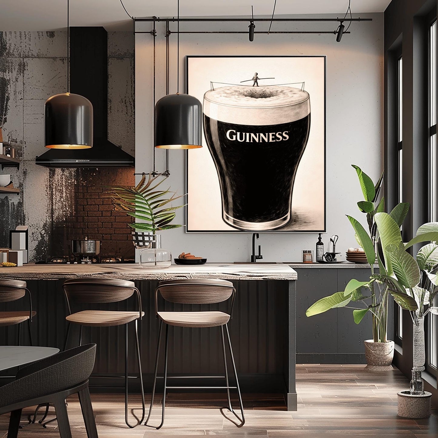A vertical charcoal-style illustration of a pint of Guinness. A tiny silhouette of a person balances on a tightrope stretched across the white foam at the top of the glass. The body of the beer is deep black with the word "GUINNESS" in white. The background is a light, textured cream.