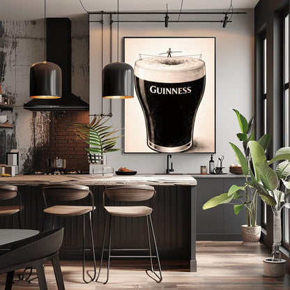 A vertical charcoal-style illustration of a pint of Guinness. A tiny silhouette of a person balances on a tightrope stretched across the white foam at the top of the glass. The body of the beer is deep black with the word "GUINNESS" in white. The background is a light, textured cream.