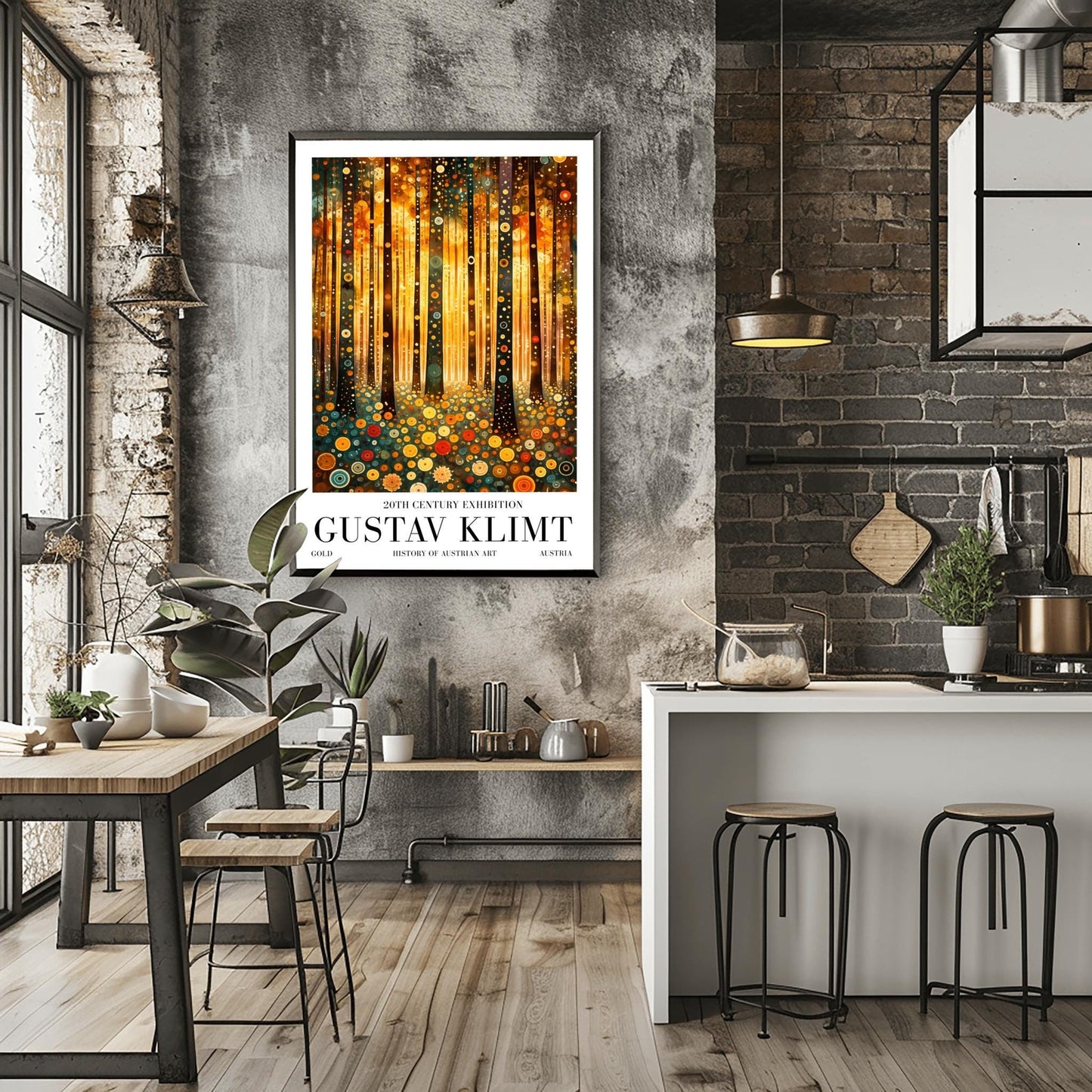 A vertical fine art print in the style of Gustav Klimt. Dark, slender tree trunks are decorated with various golden and colorful concentric circles. The forest floor is covered in similar circular floral patterns. A bright, warm golden light glows from the background, creating a high-contrast, ornate night forest scene.