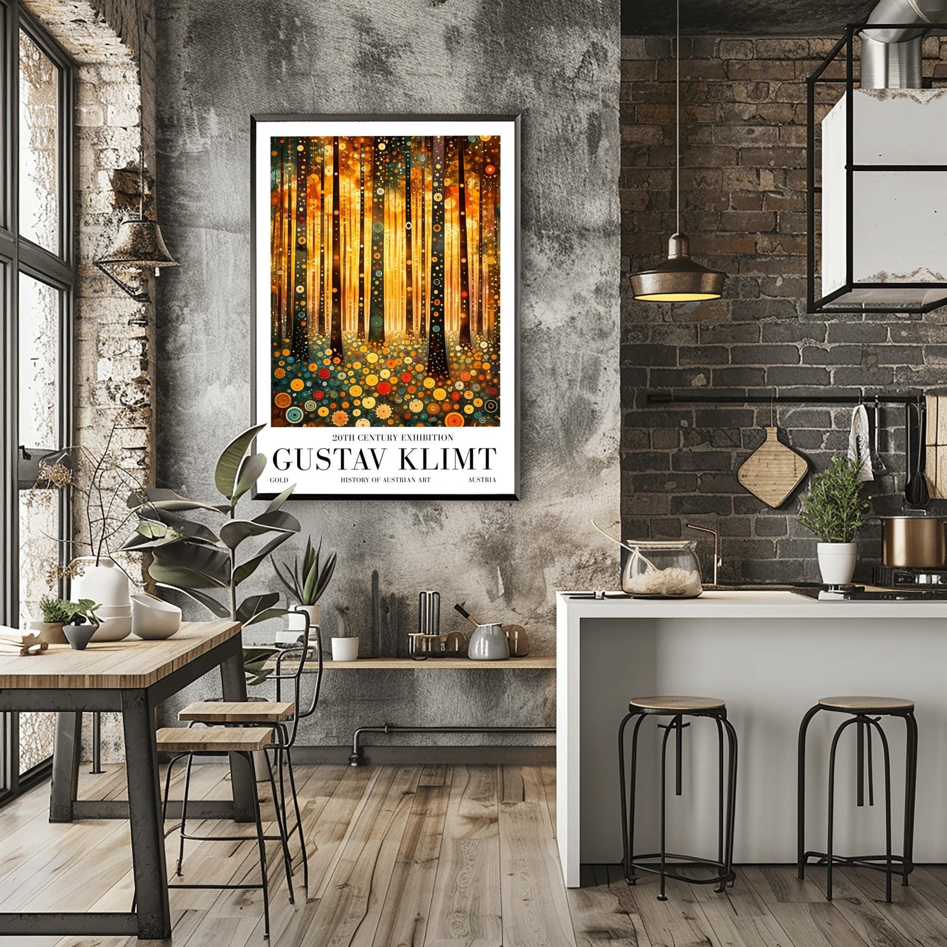 A vertical fine art print in the style of Gustav Klimt. Dark, slender tree trunks are decorated with various golden and colorful concentric circles. The forest floor is covered in similar circular floral patterns. A bright, warm golden light glows from the background, creating a high-contrast, ornate night forest scene.