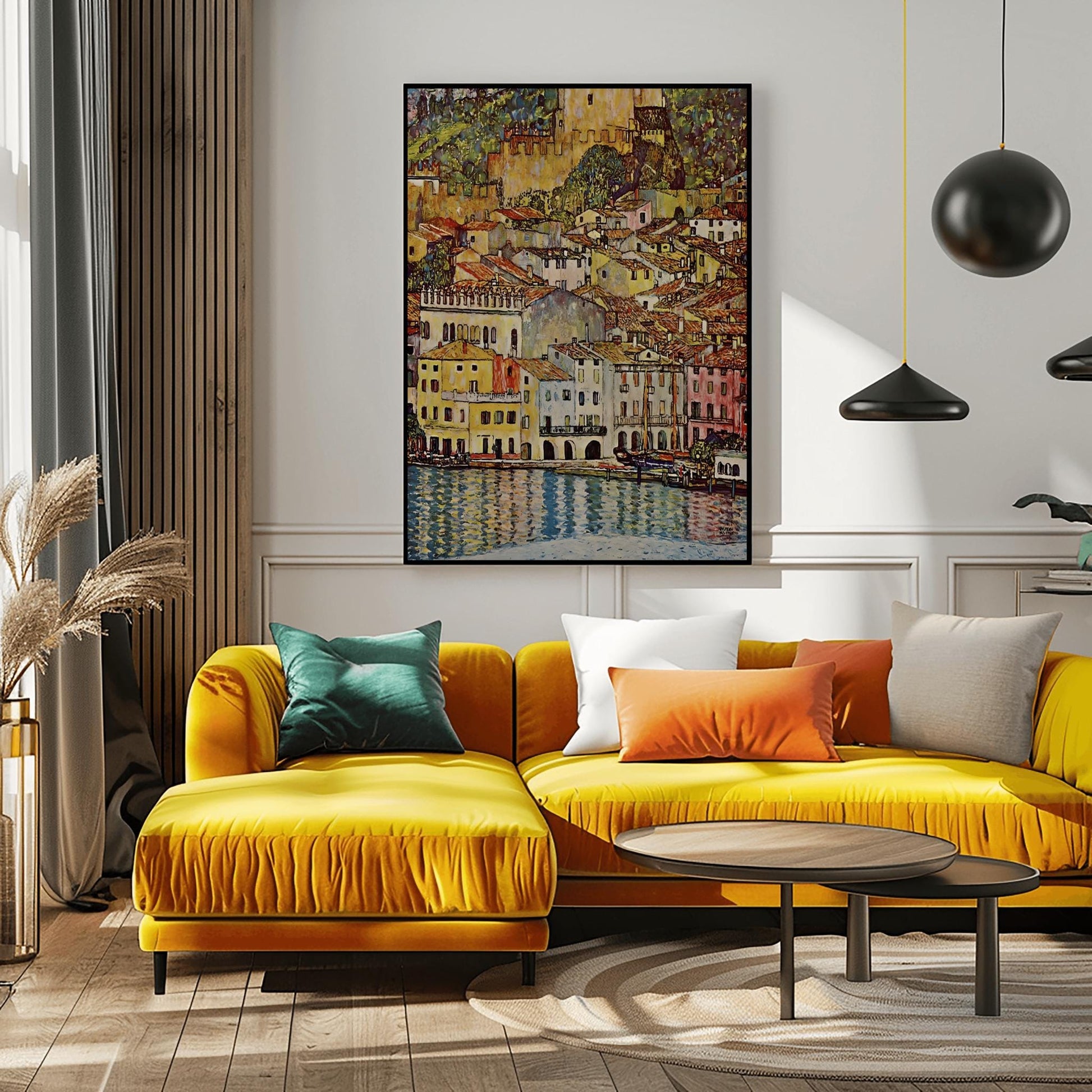 A vertical fine art reproduction of Gustav Klimt's "Malcesine on Lake Garda." The painting depicts a dense Italian village of colorful houses with red-tiled roofs nestled along a lake. A medieval castle stands on a hill above the town. The water in the foreground features vibrant blue and gold reflections. The style is a decorative, mosaic-like landscape typical of Klimt's later works.