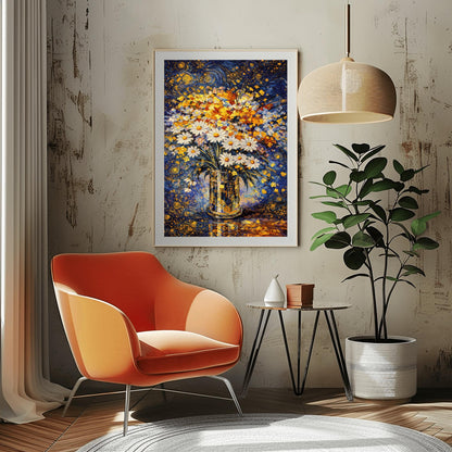 A vertical art print in the style of Gustav Klimt featuring a bouquet of white daisies with yellow centers in a tall, patterned gold vase. The vase is decorated with small black and gold circles. The background is a vibrant dark blue with swirling golden patterns and stars. The table surface below reflects the blue and gold light. The entire image is composed of intricate mosaic-like textures and shimmering metallic tones.