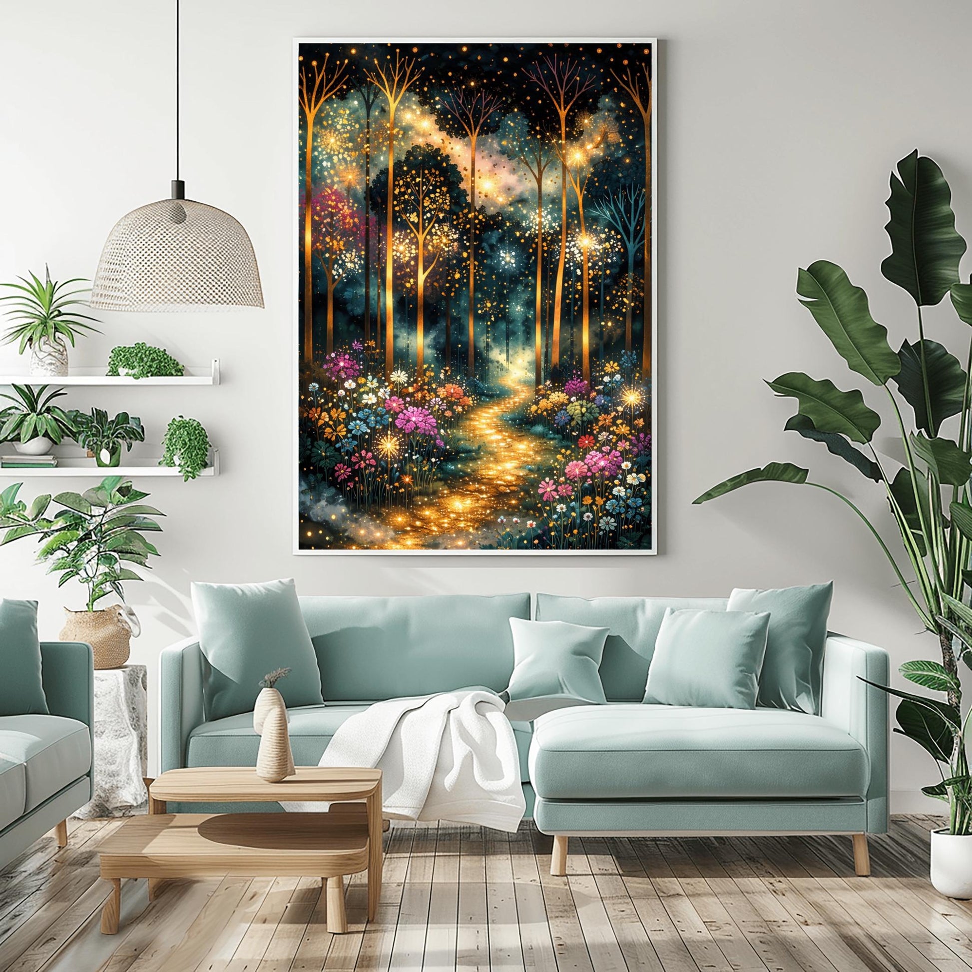 A vertical, highly detailed painting in the style of Gustav Klimt. Slender, glowing gold trees rise from a vibrant meadow of colorful wildflowers in pink, purple, and white. A sparkling, bright golden path leads through the center of the dark, atmospheric forest. The air is filled with glowing golden dots and fireflies, creating a magical, textured mosaic effect.