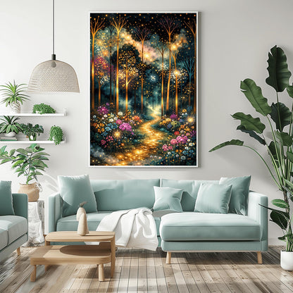 A vertical, highly detailed painting in the style of Gustav Klimt. Slender, glowing gold trees rise from a vibrant meadow of colorful wildflowers in pink, purple, and white. A sparkling, bright golden path leads through the center of the dark, atmospheric forest. The air is filled with glowing golden dots and fireflies, creating a magical, textured mosaic effect.