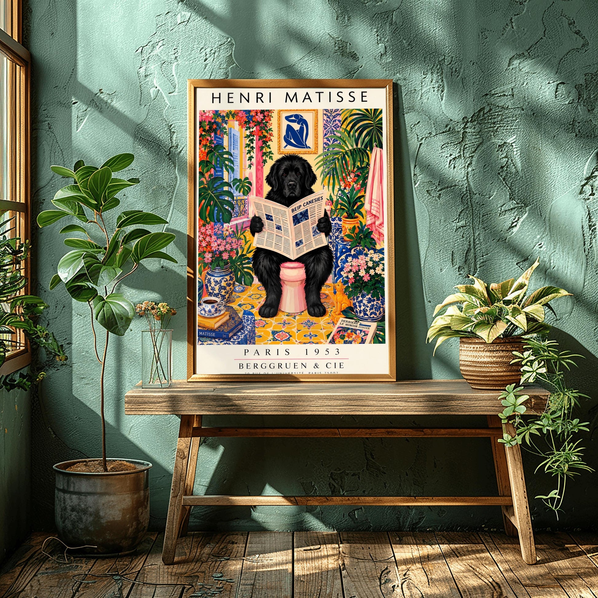 A vertical vintage-style art exhibition poster titled "HENRI MATISSE" at the top and "PARIS 1953 BERGGRUEN & CIE" at the bottom. The main image shows a large, fluffy black Newfoundland dog sitting on a pink toilet in a highly decorated bathroom, reading a newspaper. The room is filled with yellow pattern tiles, blue-and-white wallpaper, a blue Matisse cutout art frame on the wall, multiple large green houseplants, and vases filled with colorful pink flowers.