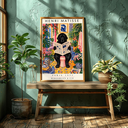A vertical vintage-style art exhibition poster titled "HENRI MATISSE" at the top and "PARIS 1953 BERGGRUEN & CIE" at the bottom. The main image shows a large, fluffy black Newfoundland dog sitting on a pink toilet in a highly decorated bathroom, reading a newspaper. The room is filled with yellow pattern tiles, blue-and-white wallpaper, a blue Matisse cutout art frame on the wall, multiple large green houseplants, and vases filled with colorful pink flowers.