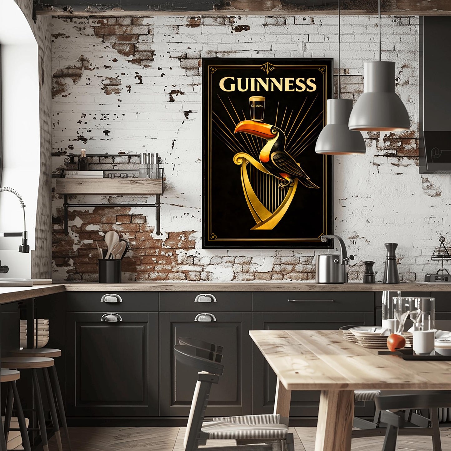 A vertical Art Deco style poster for Guinness. A colorful toucan perches on a large golden harp against a black background. Golden rays of light radiate from behind the toucan, which is balancing a pint of beer on its beak. The word "GUINNESS" is written in large gold letters at the top.