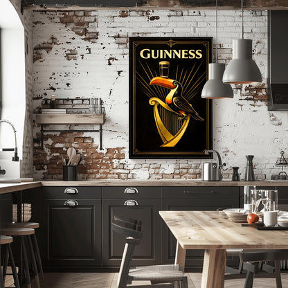 A vertical Art Deco style poster for Guinness. A colorful toucan perches on a large golden harp against a black background. Golden rays of light radiate from behind the toucan, which is balancing a pint of beer on its beak. The word "GUINNESS" is written in large gold letters at the top.
