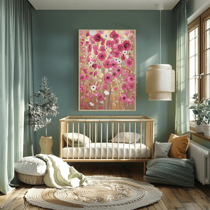 A vertical fine art print in the style of Gustav Klimt. A dense field of vibrant pink and soft white poppies grows against a shimmering, ornate gold leaf background. The scene is filled with golden spirals, geometric patterns, and delicate stems, creating a rich, mosaic-like floral tapestry.