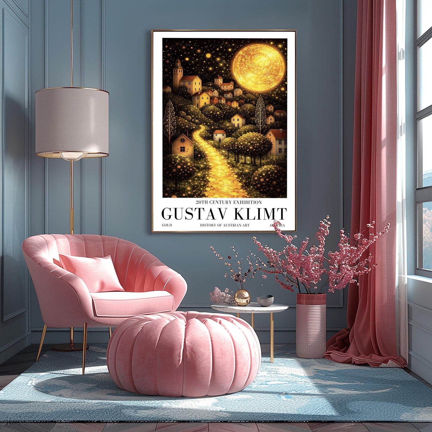 A vertical fine art landscape in the style of Gustav Klimt. A huge, textured golden moon shines in a starry night sky. A glowing golden path winds up a hillside past trees filled with shimmering golden dots toward a village of small houses with lit windows.