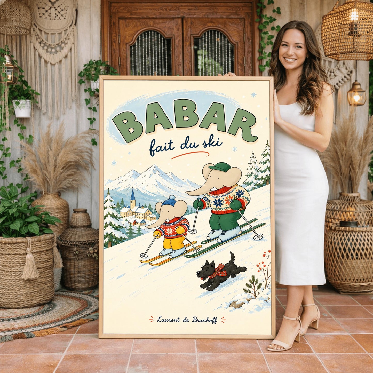A vertical retro fine art exhibition poster titled "BABAR fait du ski" on a wide cream border. The illustration shows a large elephant and a small elephant skiing down a snowy slope wearing colorful patterned winter sweaters, accompanied by a small black dog in a plaid scarf. A snow-covered village and mountains are visible in the background, with the name "Laurent de Brunhoff" printed at the bottom.
