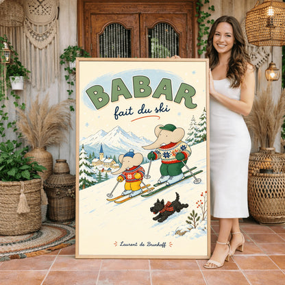 A vertical retro fine art exhibition poster titled "BABAR fait du ski" on a wide cream border. The illustration shows a large elephant and a small elephant skiing down a snowy slope wearing colorful patterned winter sweaters, accompanied by a small black dog in a plaid scarf. A snow-covered village and mountains are visible in the background, with the name "Laurent de Brunhoff" printed at the bottom.