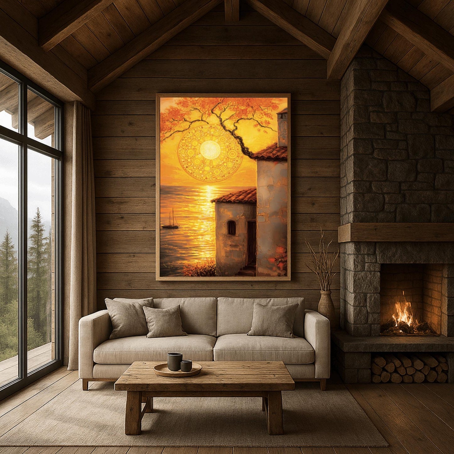 A vertical fine art print in the style of Gustav Klimt. A large, intricate golden mosaic sun hangs in an orange sky, partially framed by a dark tree branch. In the foreground, a rustic white villa with a red roof stands next to a golden sea where a small sailboat is visible. The entire scene is bathed in warm gold and amber light.