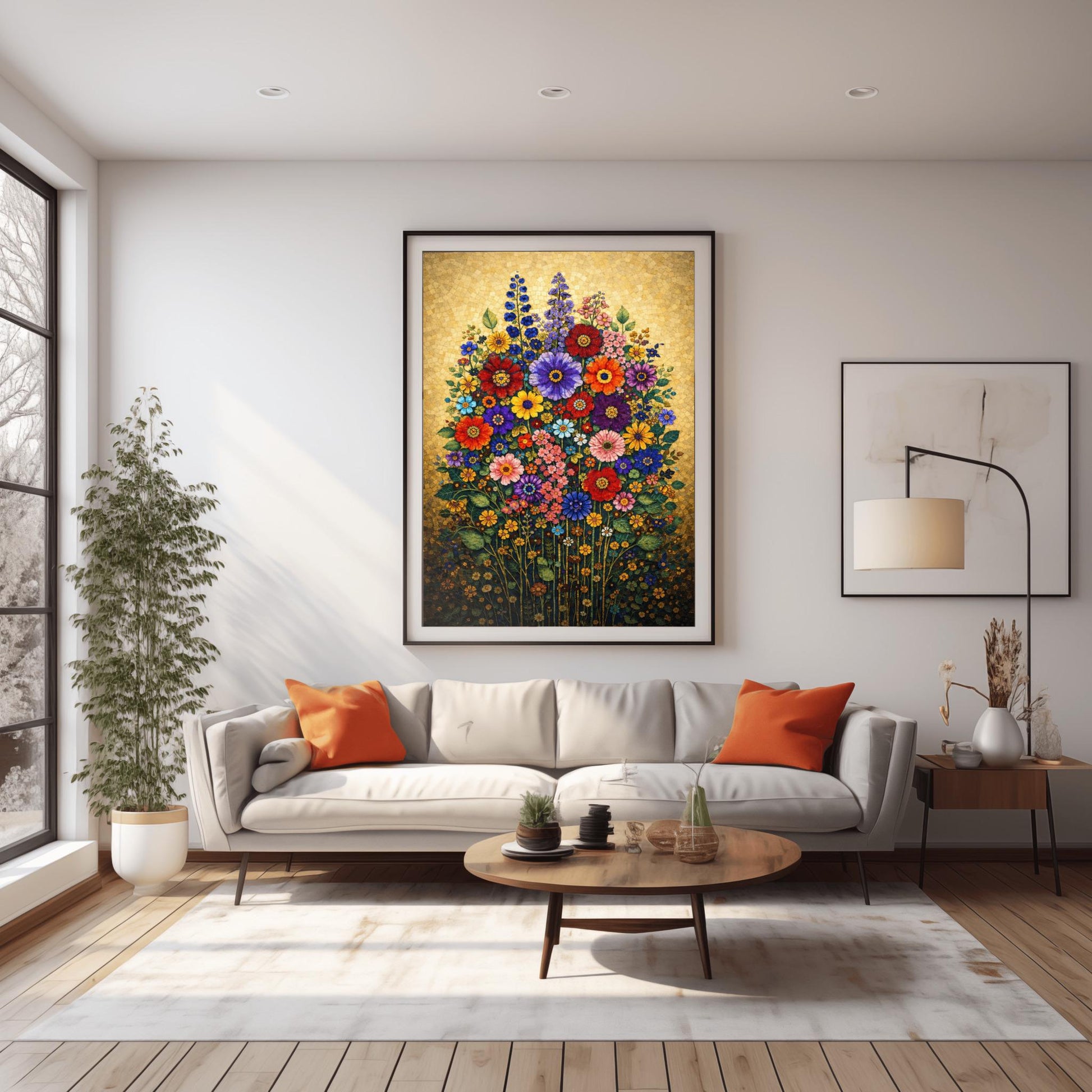 A vertical art print in the style of Gustav Klimt featuring a dense bouquet of colorful wildflowers. The flowers, including red, purple, and orange zinnias and tall blue delphiniums, are rendered as intricate mosaics with geometric patterns. The entire arrangement is set against a shimmering, gold-tiled background that glows with metallic light. The style is highly decorative, maximalist, and vibrant.