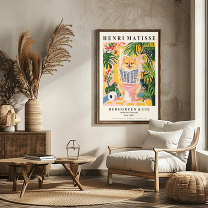 A vertical fine art exhibition poster in the style of Henri Matisse featuring a wide cream border. Bold black text reads "HENRI MATISSE" at the top and "BERGGRUEN & CIE" at the bottom. The central painting humorously depicts a fluffy orange Pomeranian dog smiling while sitting on a pink toilet reading a newspaper, surrounded by lush green palm leaves, tropical flowers, and a toilet paper roll on the floor.