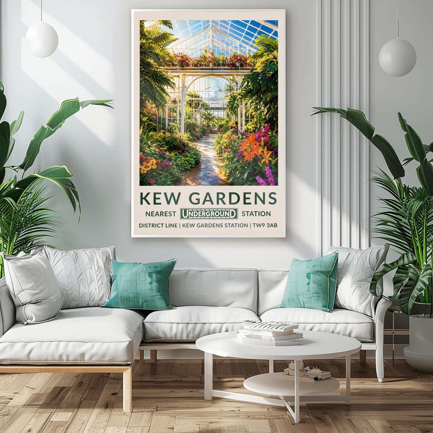 A vertical retro London Underground travel poster for Kew Gardens on a wide cream border. The top image shows a sun-drenched illustration inside a massive Victorian glasshouse conservatory. On the left, an elegant, ornate white wrought-iron spiral staircase winds upward. A pathway curves through a dense jungle of towering green fan palms, highlighted by bright pink and purple orchids and orange flowers.