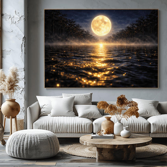 A horizontal landscape art print in the style of Gustav Klimt. A large, luminous golden moon hangs in a dark, starlit sky over a calm lake. A brilliant trail of golden light reflects across the dark water toward the viewer. Low-lying mist rolls across the lake's surface, and silhouetted dark trees line the distant shore. The overall color palette is a striking contrast of deep midnight blue and radiant metallic gold.