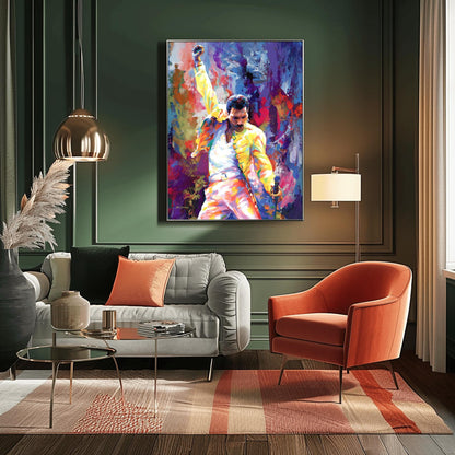 A vibrant physical poster print of Freddie Mercury in a dynamic, impressionistic style, perfect for Queen fans, music lovers, or unique wall art decor
