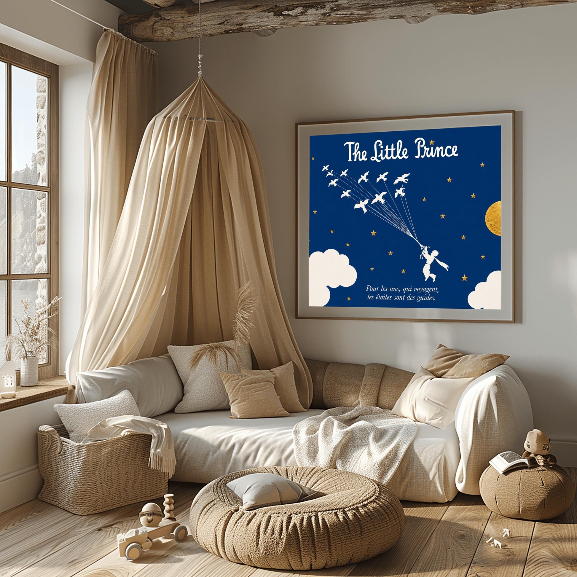 A horizontal illustration of the Little Prince flying through a navy blue night sky. In the center, a white silhouette of the prince holds onto a cluster of fine strings attached to a flock of twelve white wild birds flying upwards and to the left. The sky is filled with small gold stars and features a large, textured gold circular moon on the right, with soft white clouds along the bottom edges