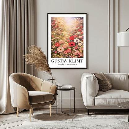 A vertical museum exhibition poster in the style of Gustav Klimt. A vast meadow of pink, red, and white wildflowers is bathed in bright, hazy sunlight from above. Large poppies are in the foreground, with a small butterfly on the left. Below the image, bold black text reads "GUSTAV KLIMT" and "BOTANICAL EXCELLENCE" on a white border.